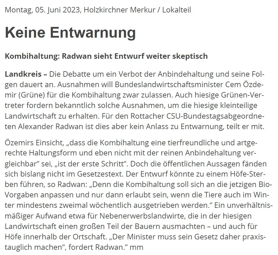 Alexander Radwan 230922 Holzkirchner Merkur Keine Entwarnung fuer Kombihaltung